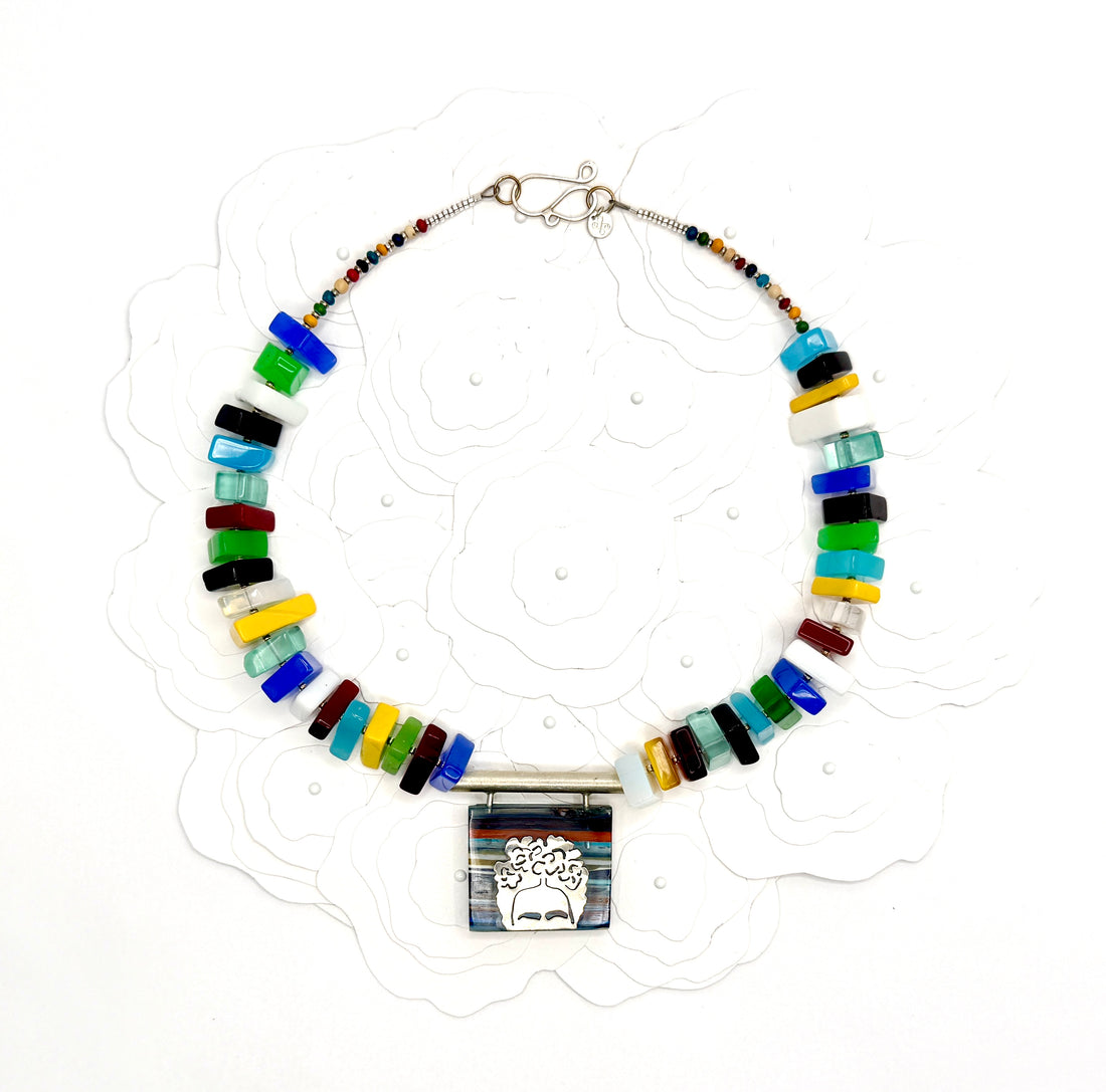 Tribute to Frida Kahlo "Colorblock" Surfite & Recycled Vintage Glass Beads Sterling Silver Necklace