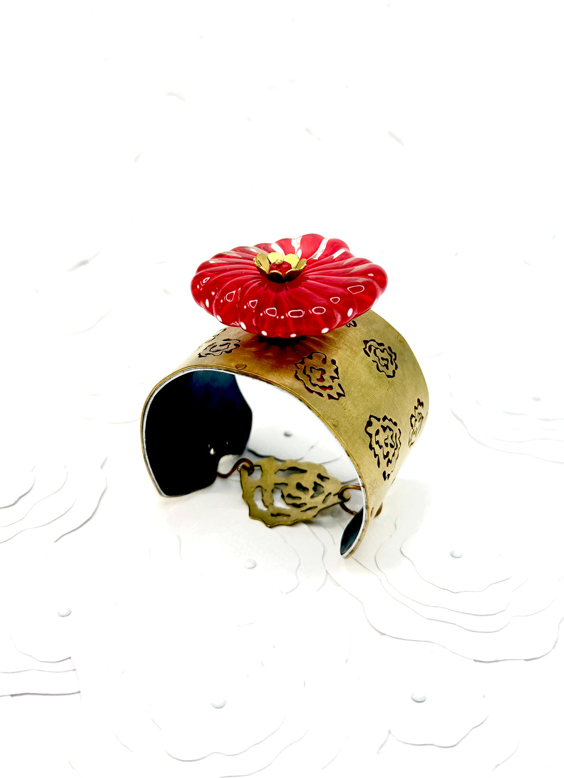 Tribute to Frida Kahlo "She Wore Red Flowers" Brass & Glass Cuff with Clasp