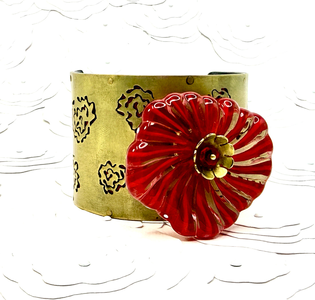 Tribute to Frida Kahlo "She Wore Red Flowers" Brass & Glass Cuff with Clasp