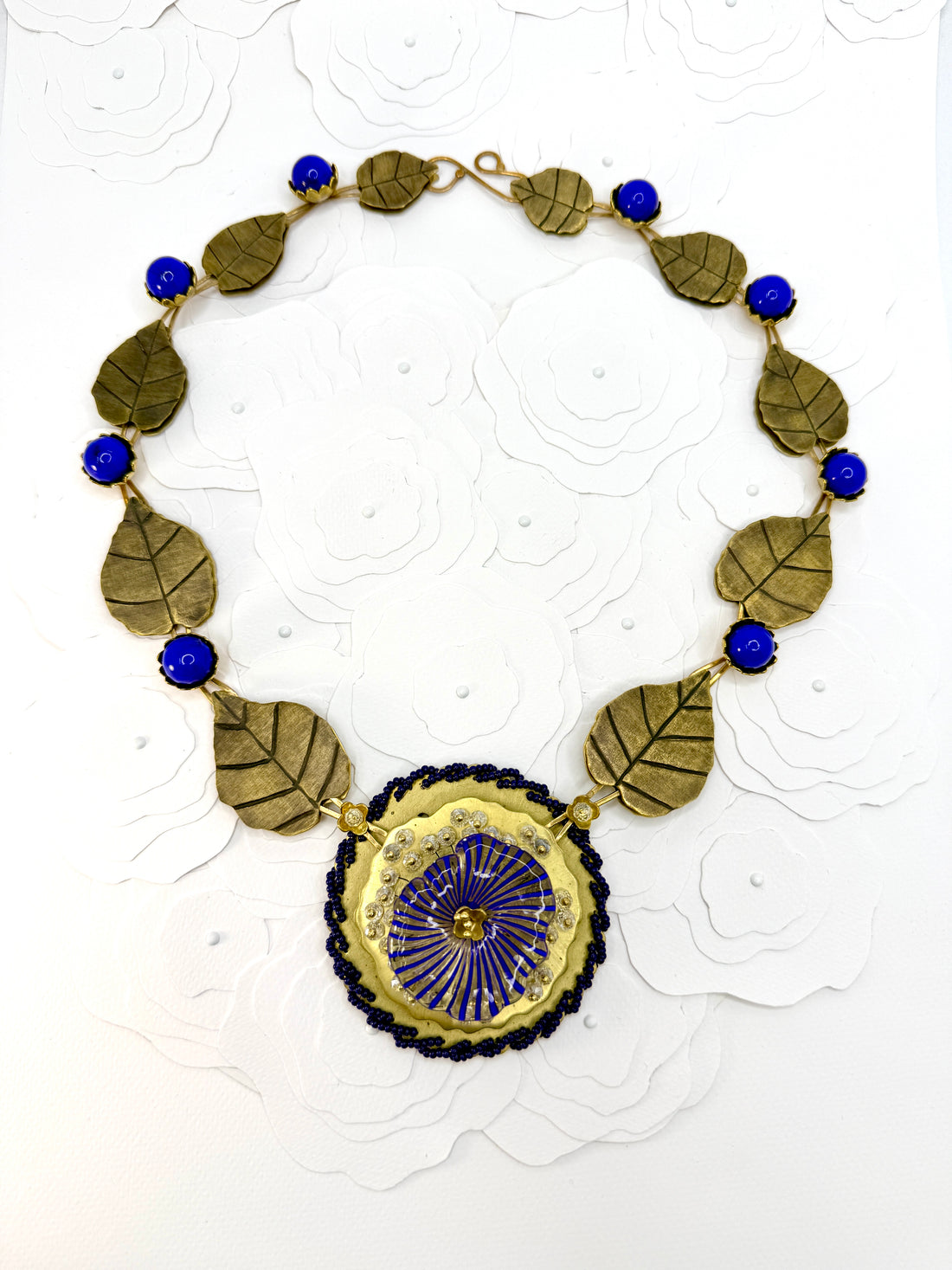 Tribute to Frida Kahlo "La Casa Azul' Brass & Glass Statement Necklace with Pierced Images on Reverse