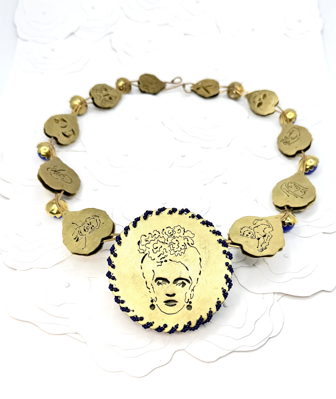 Tribute to Frida Kahlo "La Casa Azul' Brass & Glass Statement Necklace with Pierced Images on Reverse