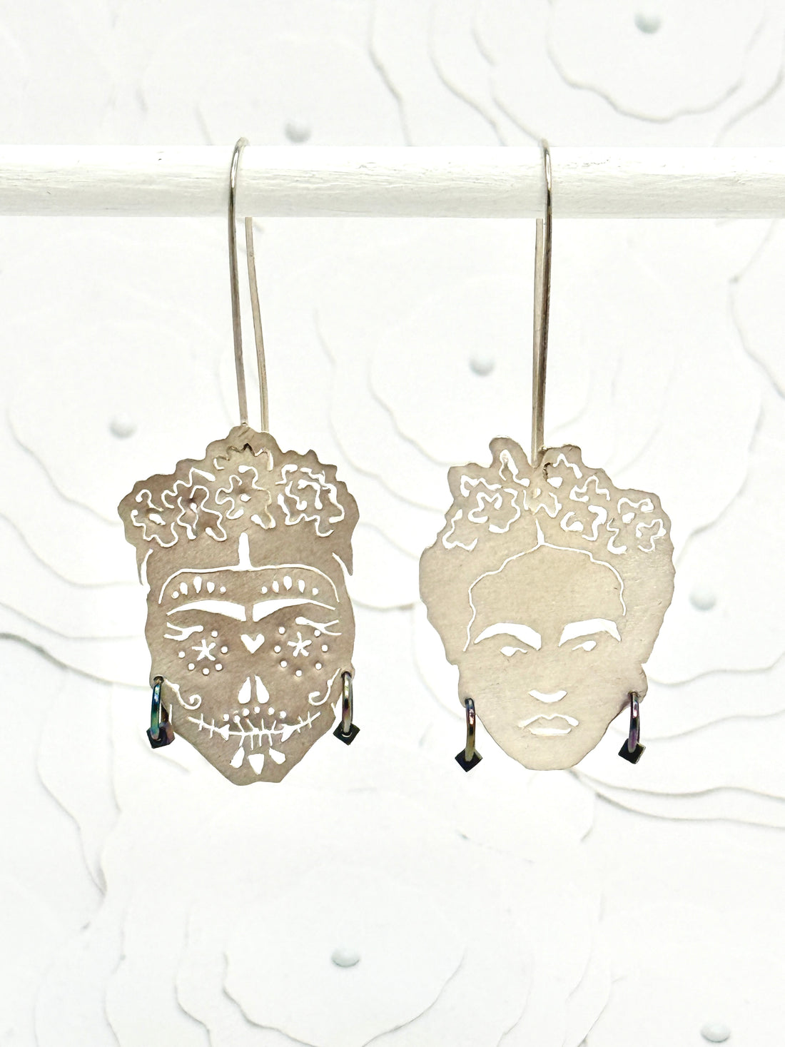 Tribute to Frida Kahlo "The Faces of Life and Death" Sterling Silver Earrings