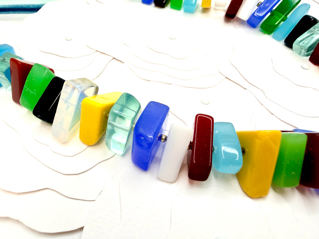 Tribute to Frida Kahlo "Colorblock" Surfite & Recycled Vintage Glass Beads Sterling Silver Necklace