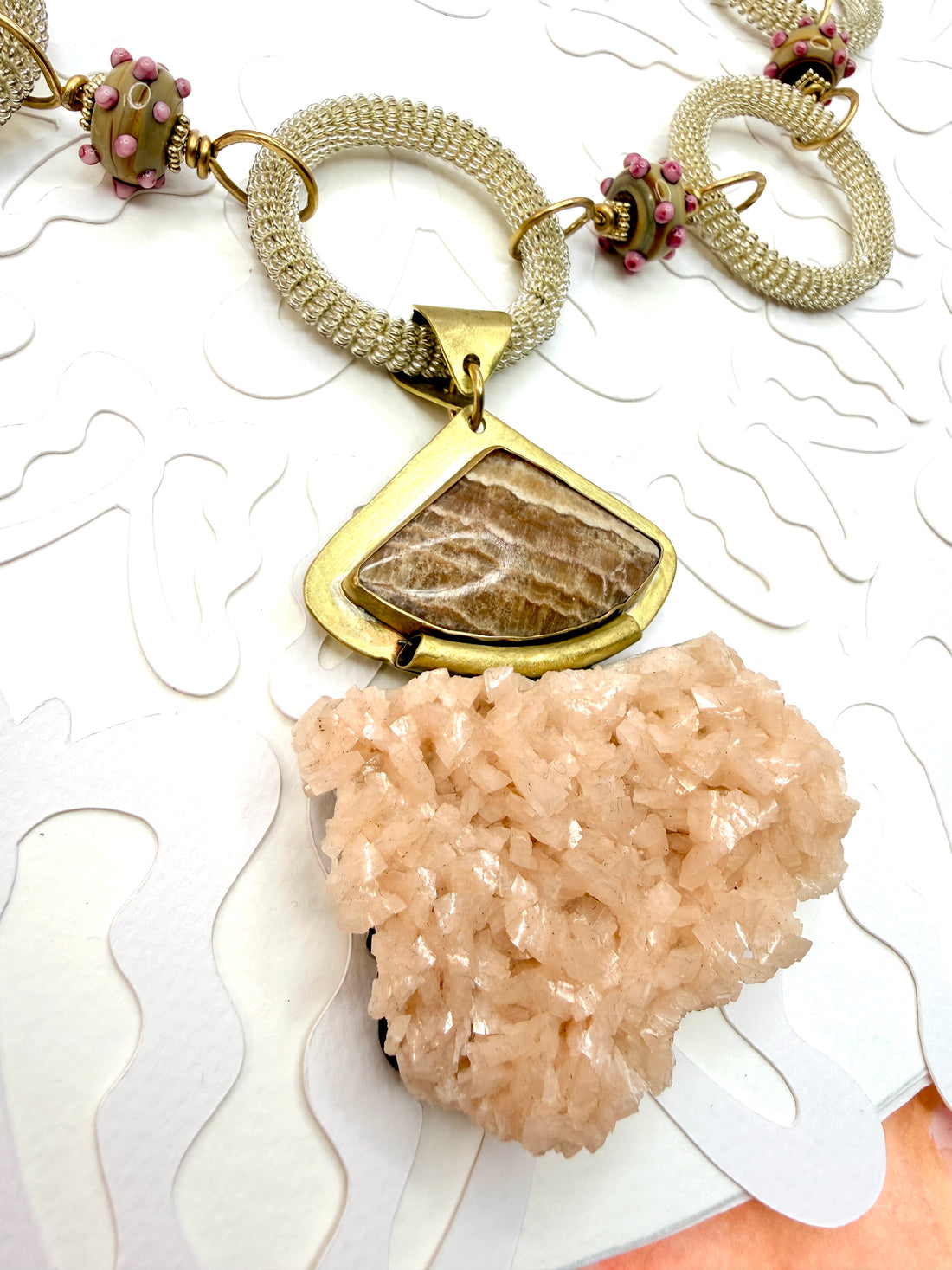 Tribute to Dolly Parton Pink Dolomite & Jasper Wire-Wrapped Hoop Necklace (REVERSE image)