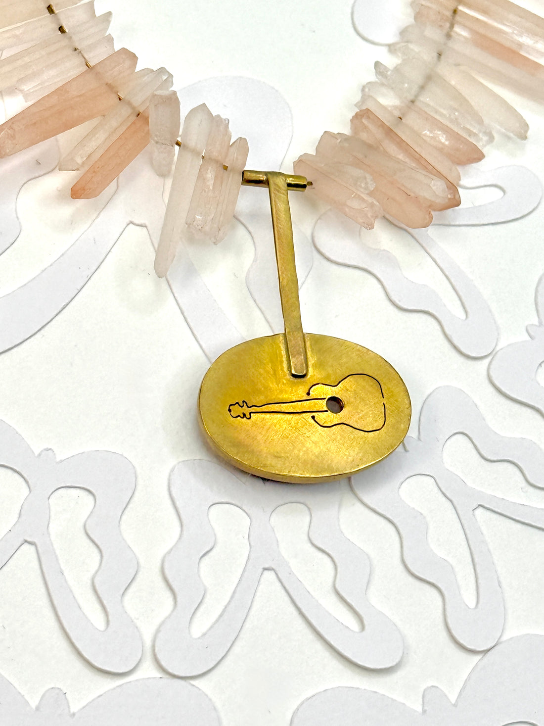 Tribute to Dolly Parton Druzy Rose Quartz & Pink Moonstone Brass "Guitar" Necklace (REVERSE Image)