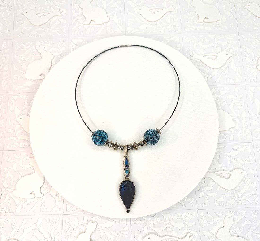 Tribute to Women of Craft Silver, Blue Chrysocolla, Vintage Enameled Necklace