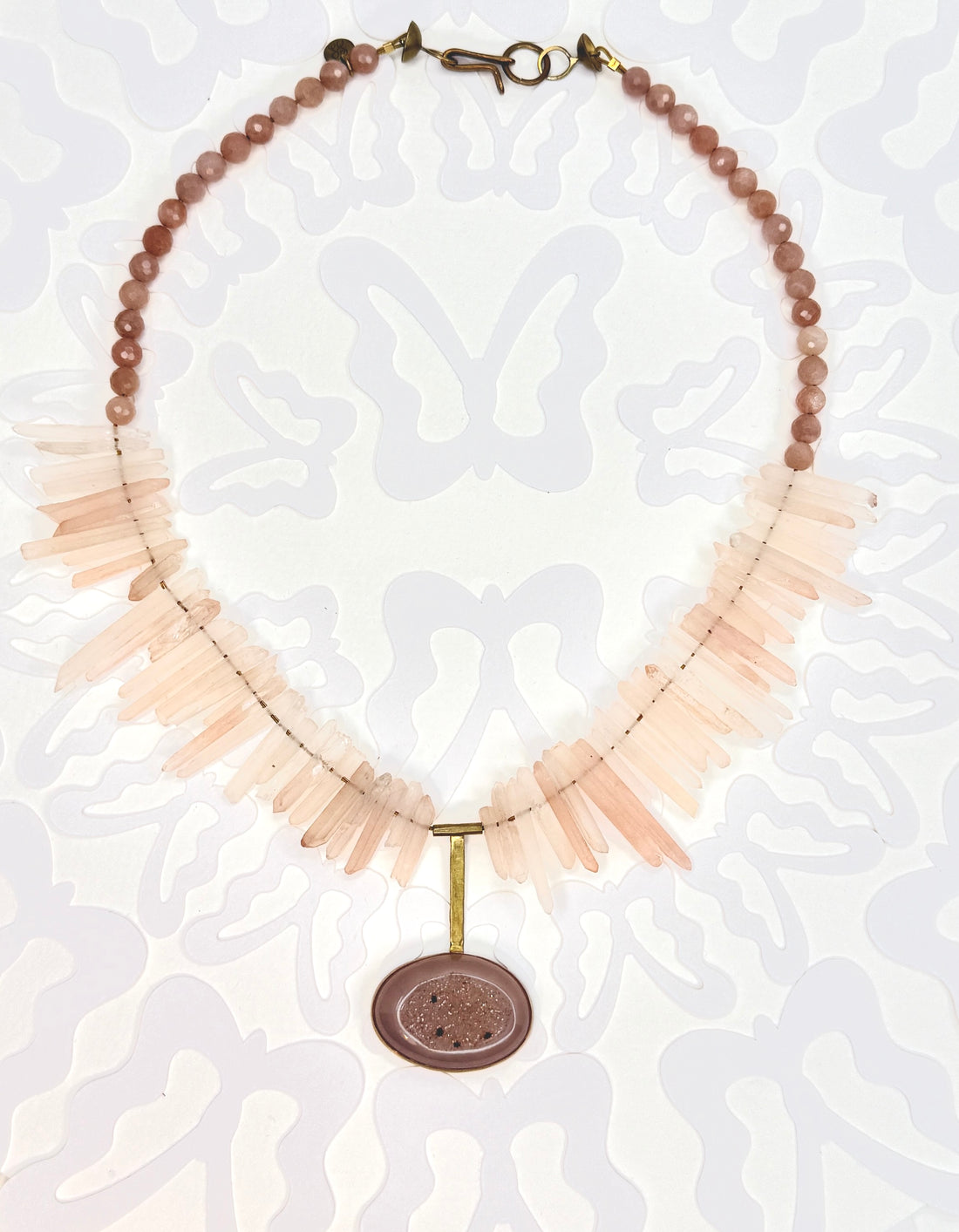 Tribute to Dolly Parton Druzy Rose Quartz & Pink Moonstone Brass "Guitar" Necklace (REVERSE Image)