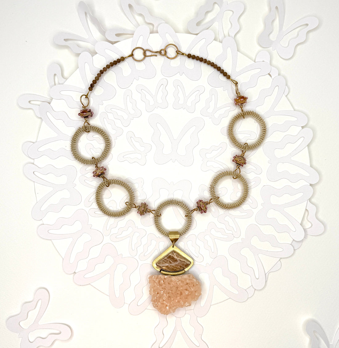 Tribute to Dolly Parton Pink Dolomite & Jasper Wire-Wrapped Hoop Necklace (REVERSE image)