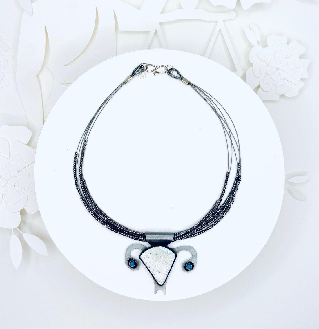 Tribute to RBG "My Body My Choice" White Turquoise, Steel, & Silver Uterus Necklace