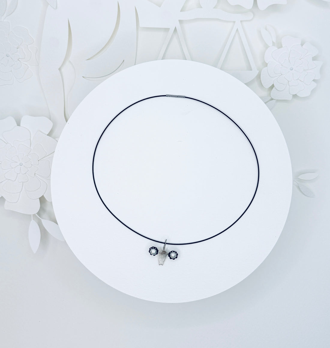 Tribute to RBG "My Body My Choice" White Button Pearl & Silver Uterus Necklace