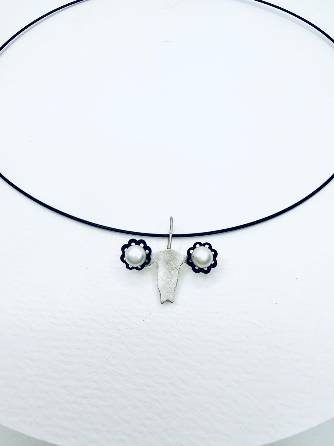 Tribute to RBG "My Body My Choice" White Button Pearl & Silver Uterus Necklace