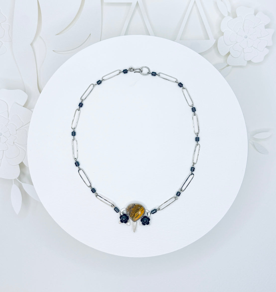 Tribute to RBG "My Body My Choice" Bumblebee Jasper, Hematite, Sterling Uterus Necklace