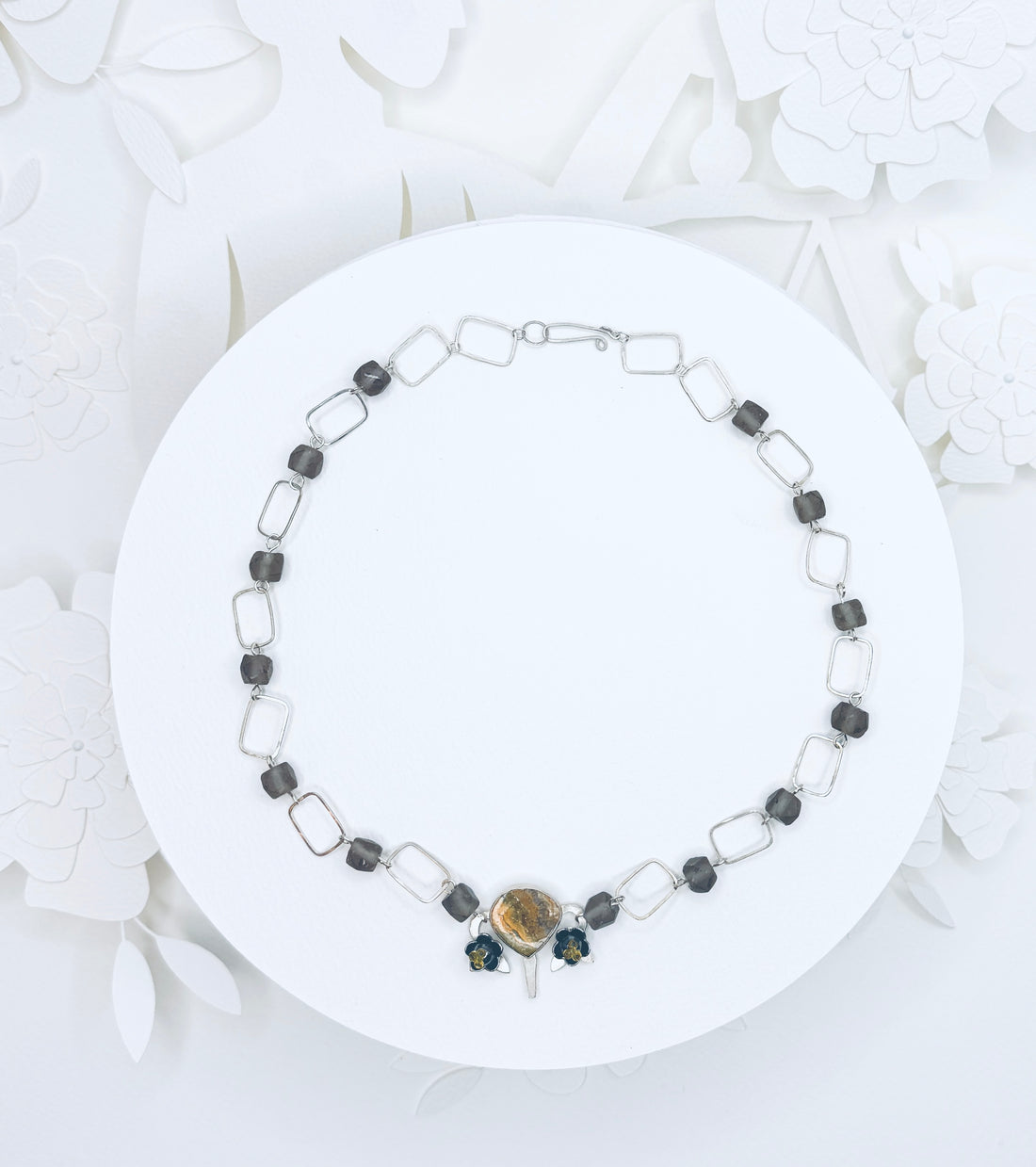 Tribute to RBG "My Body My Choice" Bumblebee Jasper, Glass Bead, & Silver Uterus Necklace