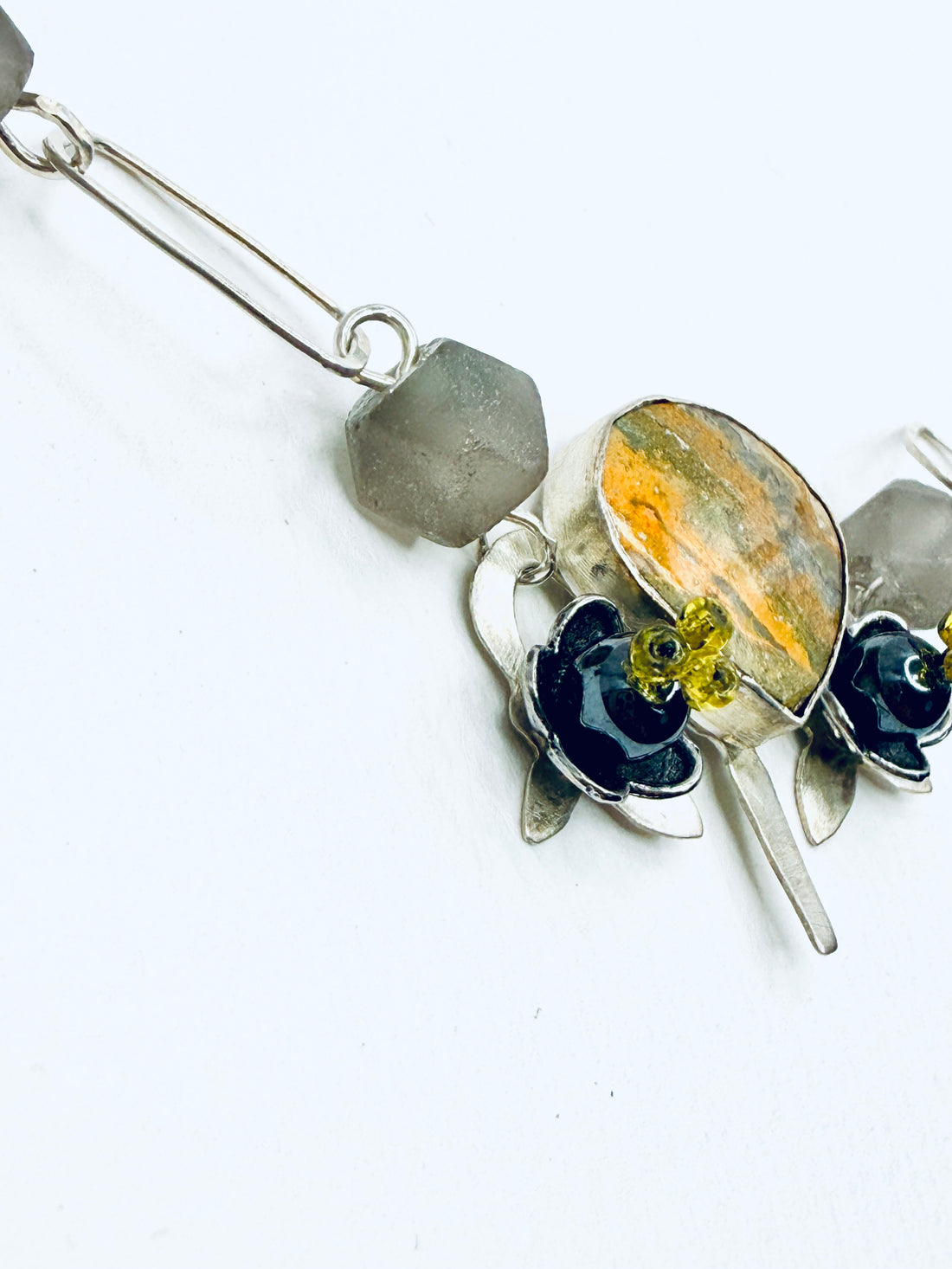 Tribute to RBG "My Body My Choice" Bumblebee Jasper, Glass Bead, & Silver Uterus Necklace