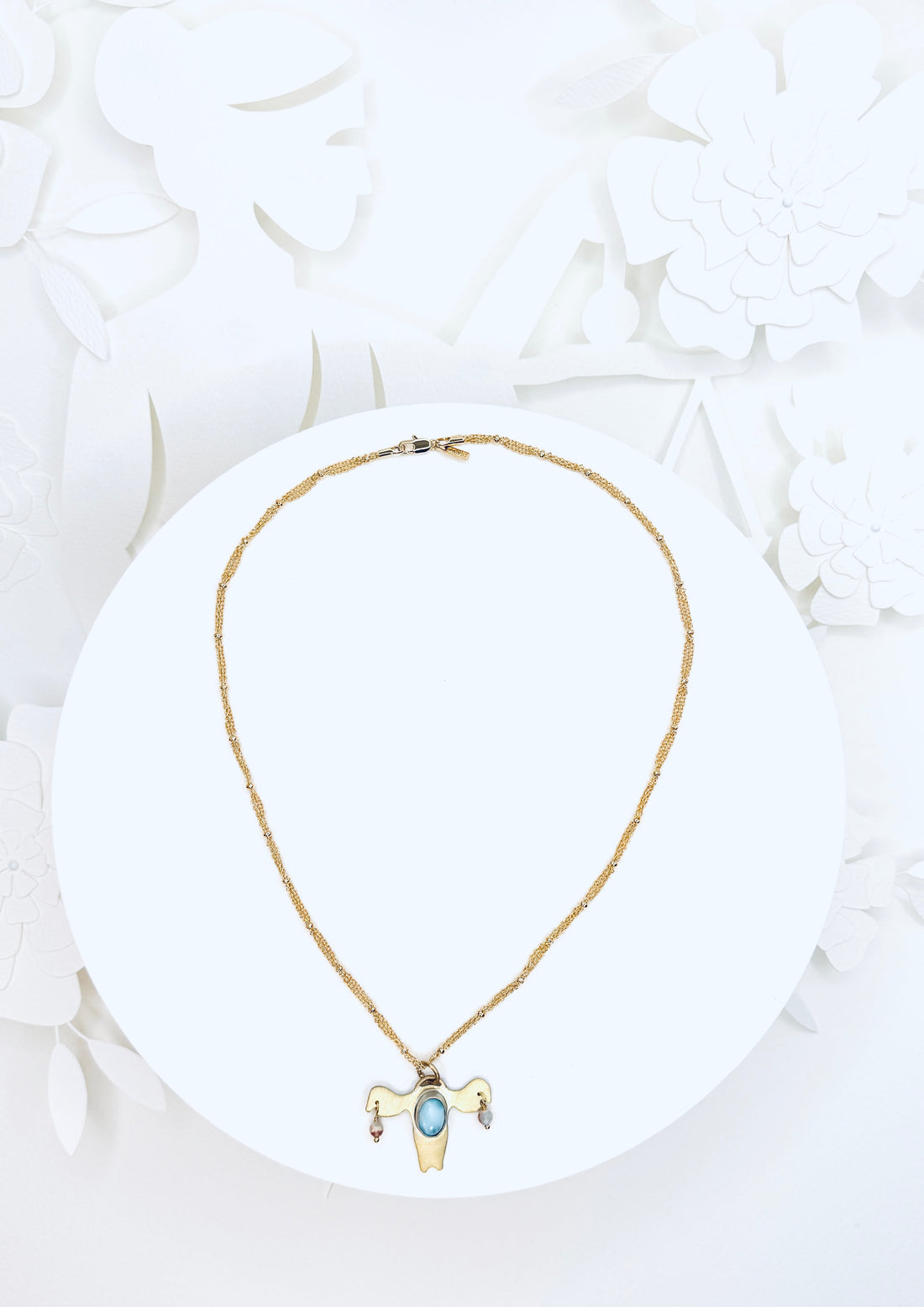 Tribute to RBG "My Body My Choice" Larimar, Jasper, & Gold Uterus Necklace (Reverse Image)