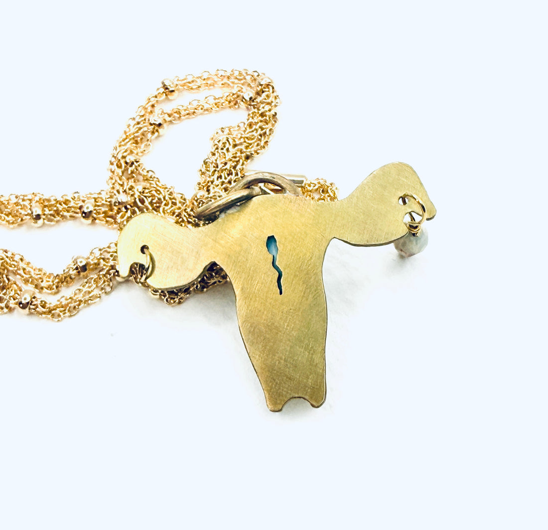 Tribute to RBG "My Body My Choice" Larimar, Jasper, & Gold Uterus Necklace (Reverse Image)