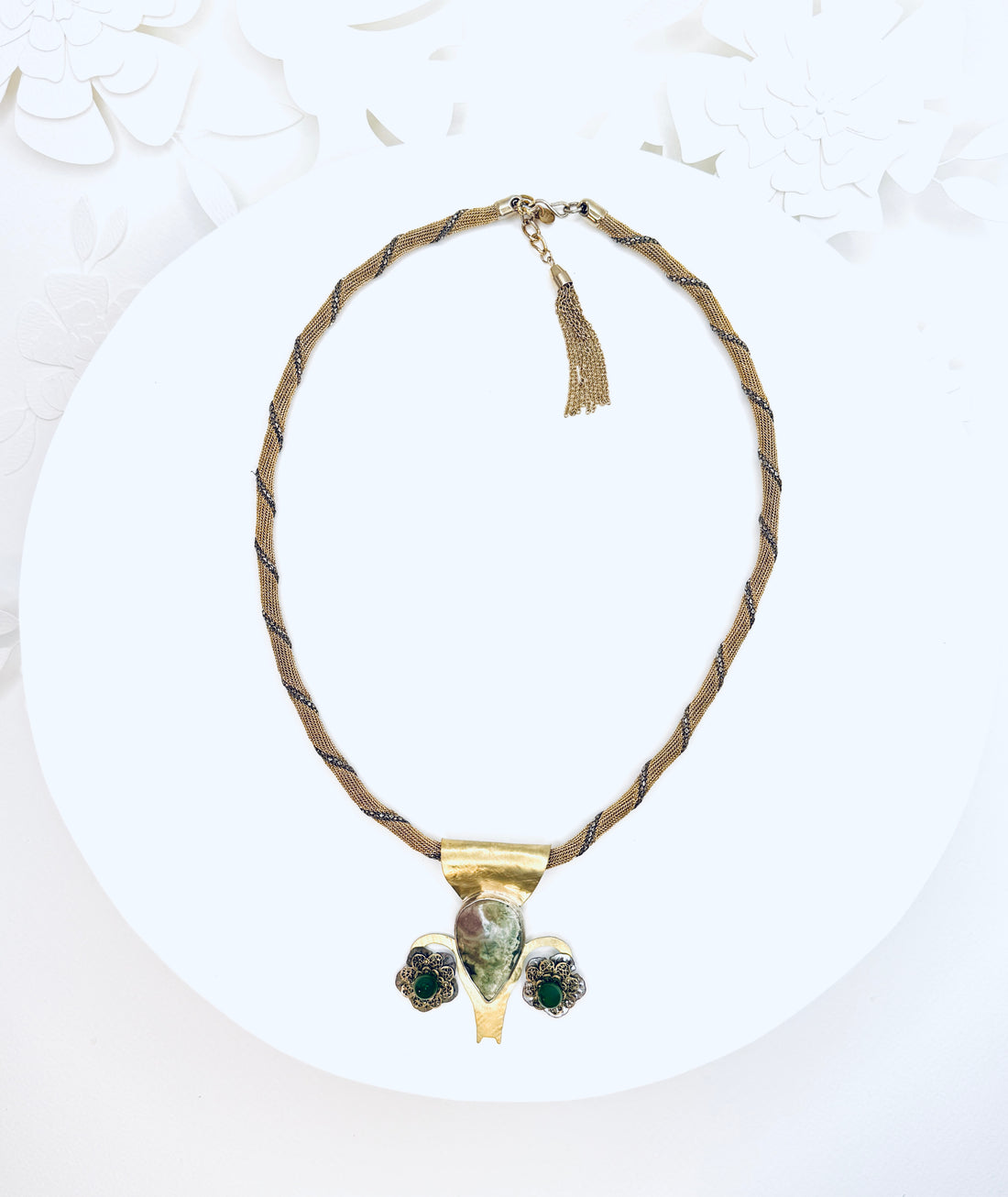 Tribute to RBG "My Body My Choice" Rainforest Jasper & Brass Uterus Necklace