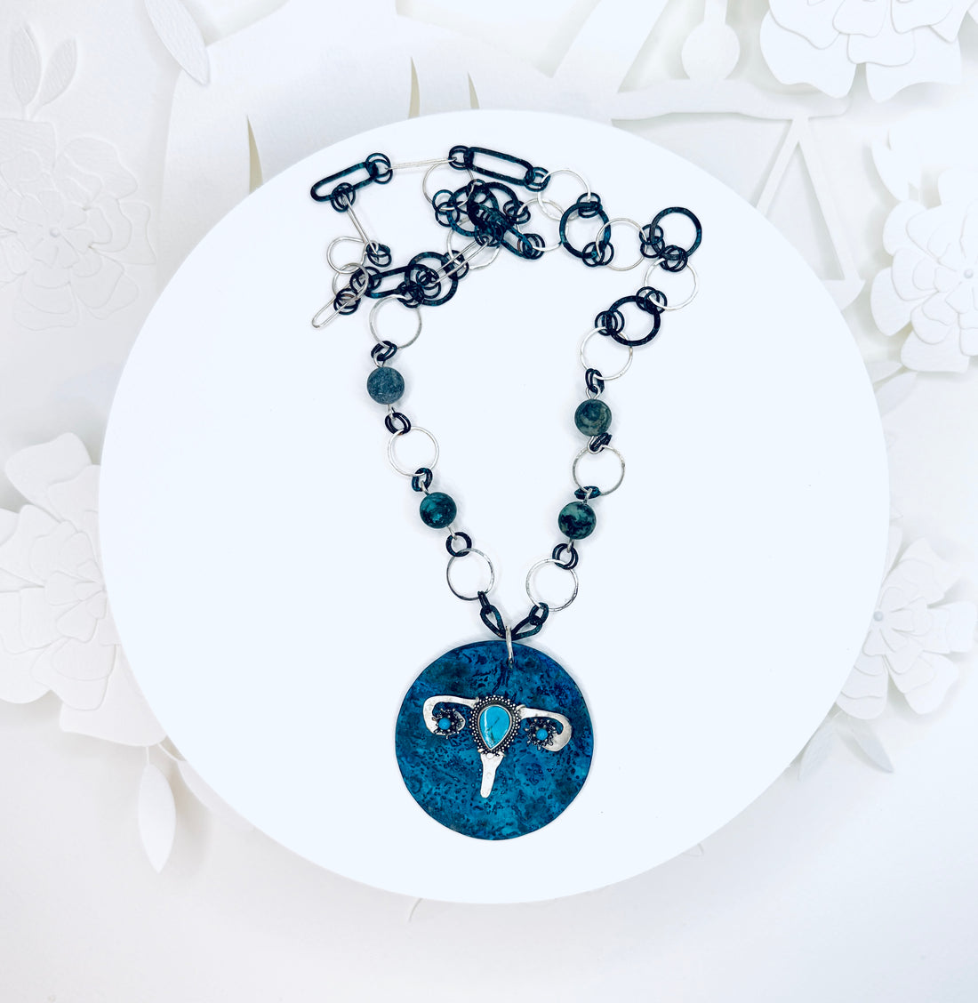 Tribute to RBG "My Body My Choice" Turquoise, Copper, Silver Uterus Necklace