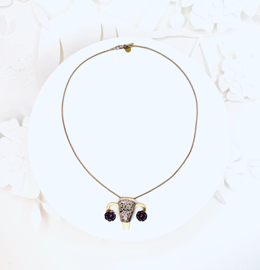 Tribute to RBG "My Body My Choice" Petrified Palm Wood & Chocolate Pearl Uterus Necklace