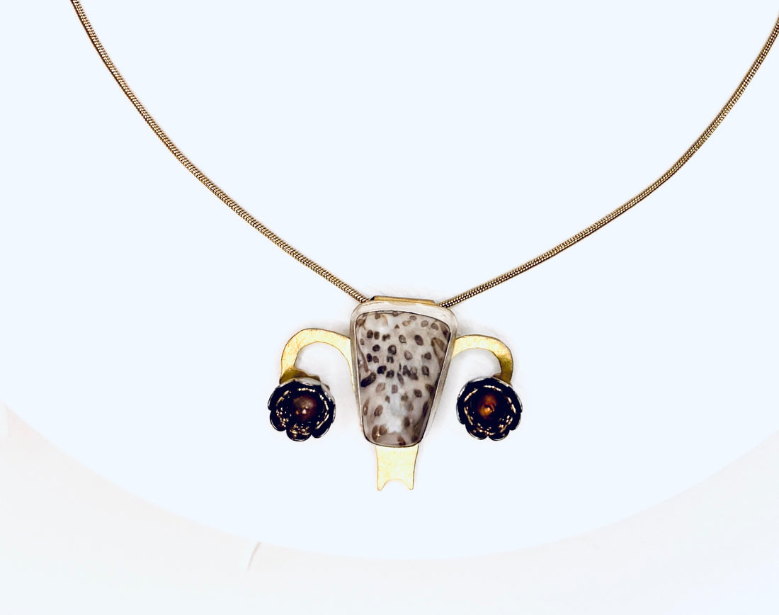 Tribute to RBG "My Body My Choice" Petrified Palm Wood & Chocolate Pearl Uterus Necklace