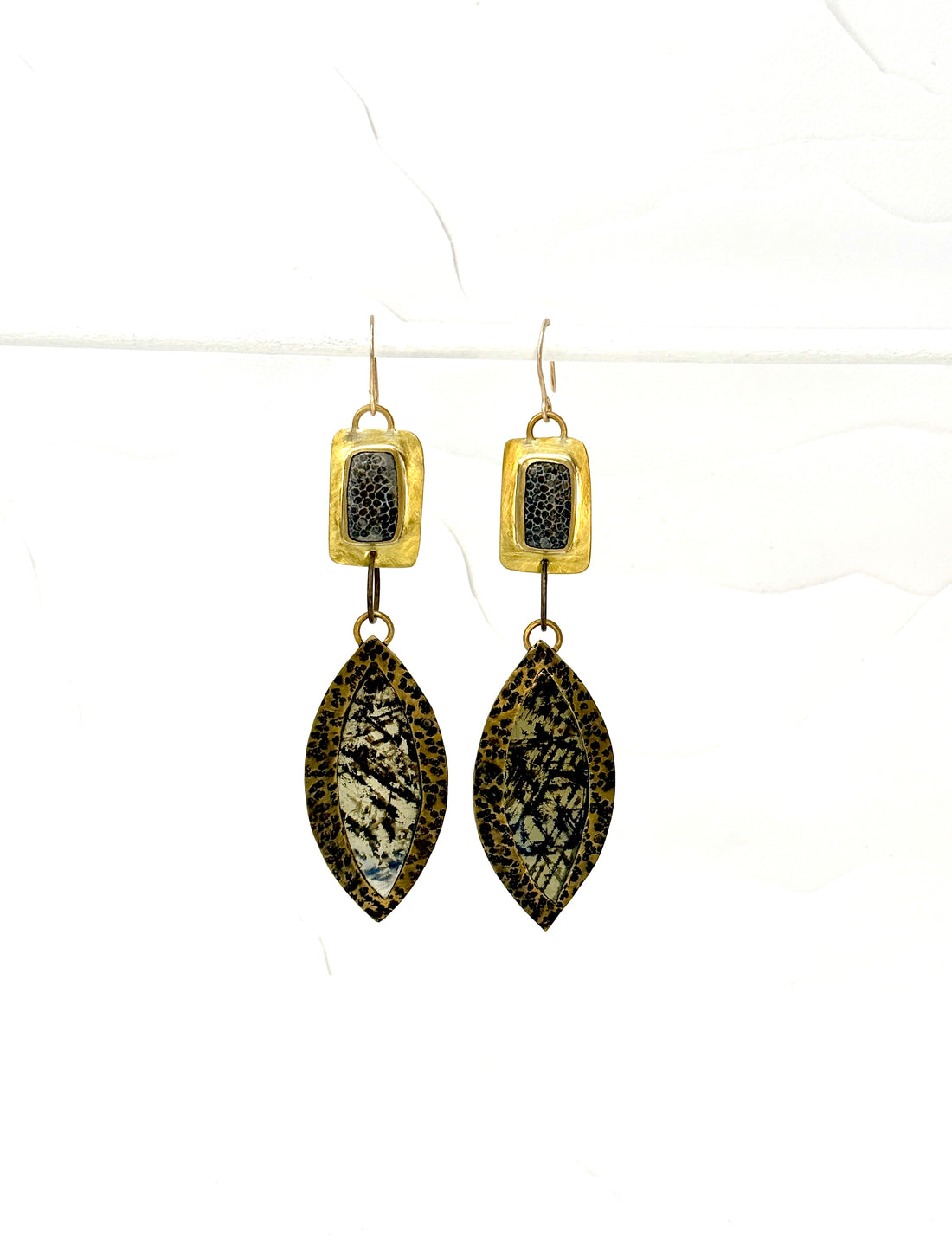 The Nature Collection Muscovite Mica, Petrified Palm Wood, Brass Earrings