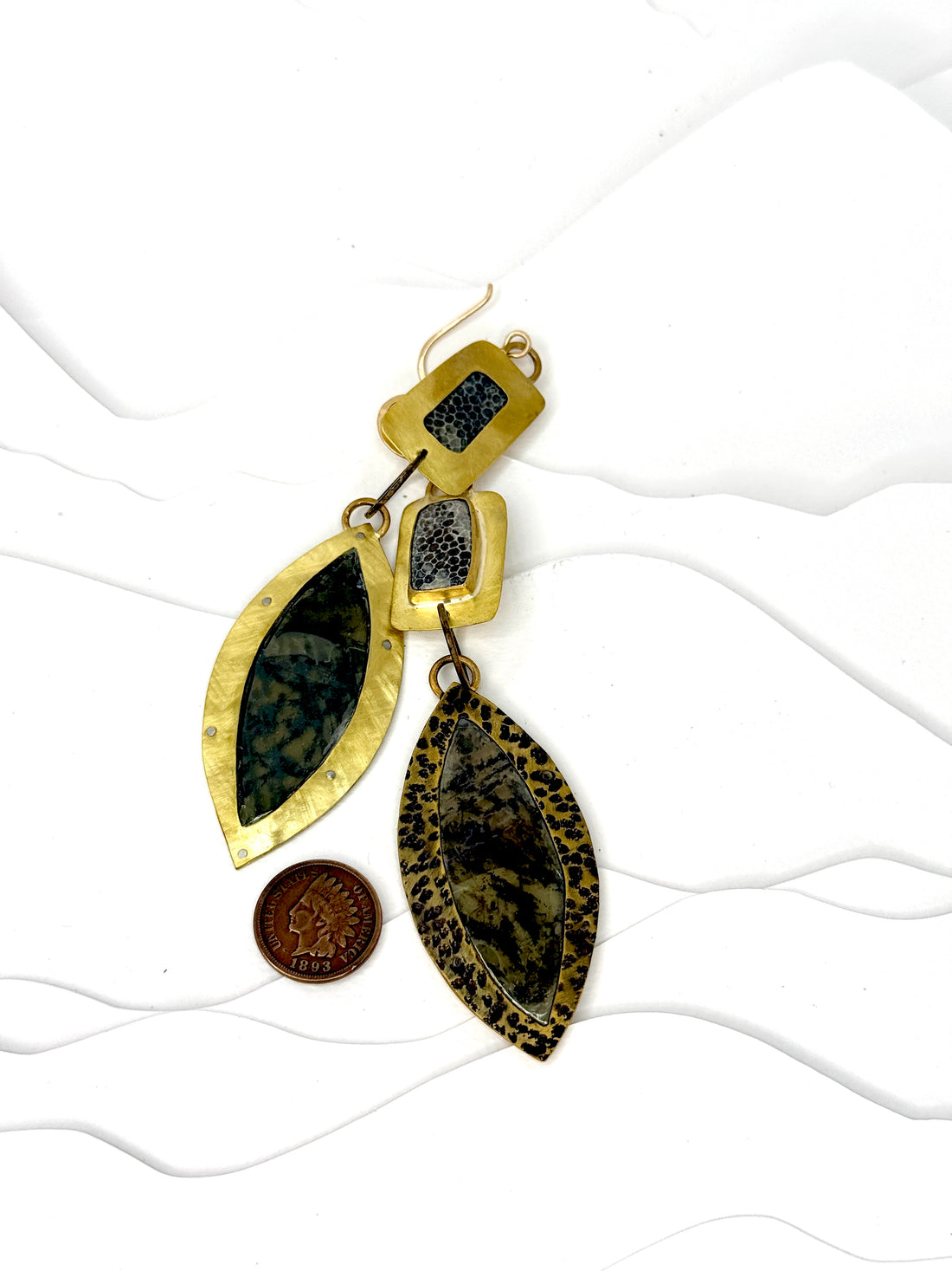 The Nature Collection Muscovite Mica, Petrified Palm Wood, Brass Earrings