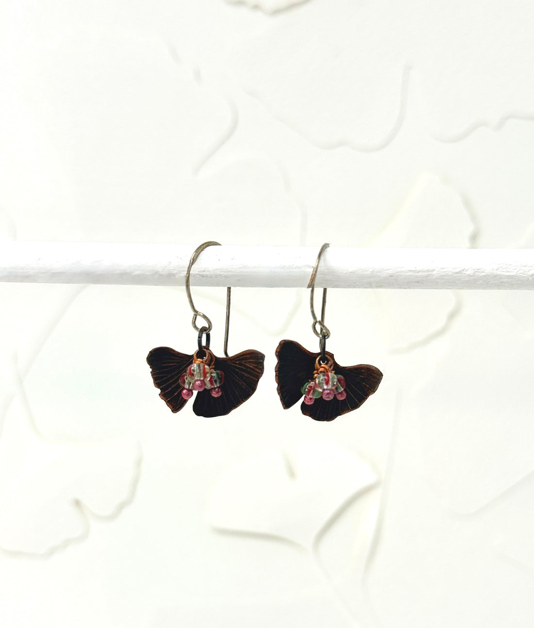 Resilience of the Ginkgo Hand Engraved Copper & Red Glass Bead Earrings