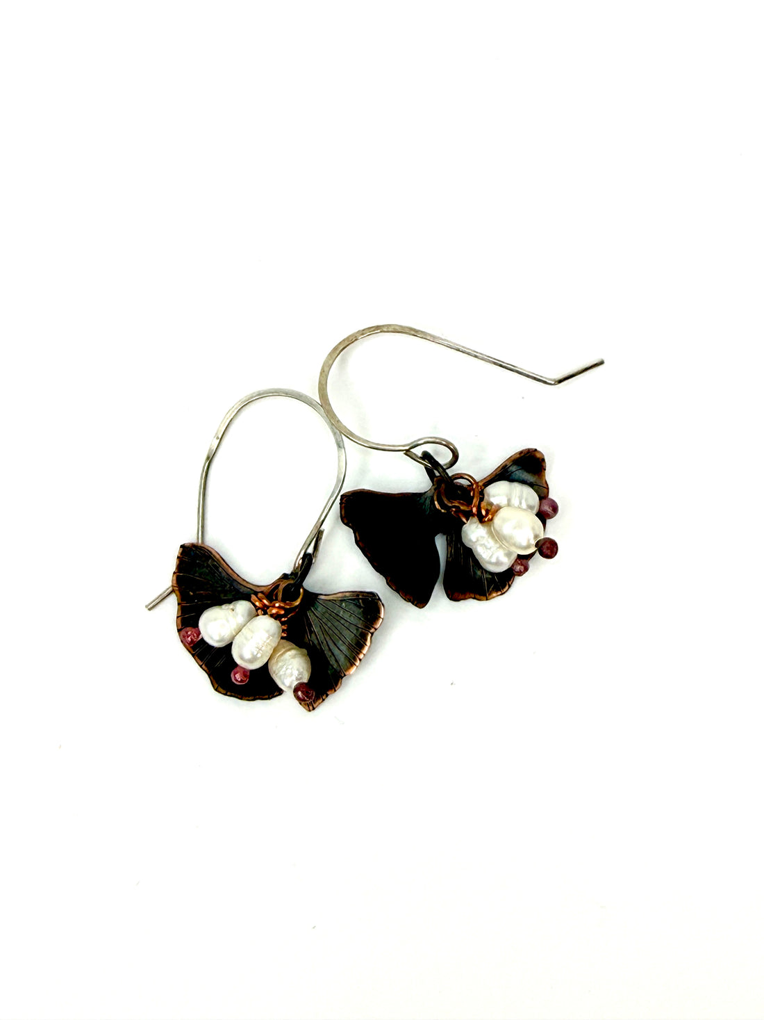 Resilience of the Ginkgo Hand engraved Copper & Freshwater "Pearl" Earrings
