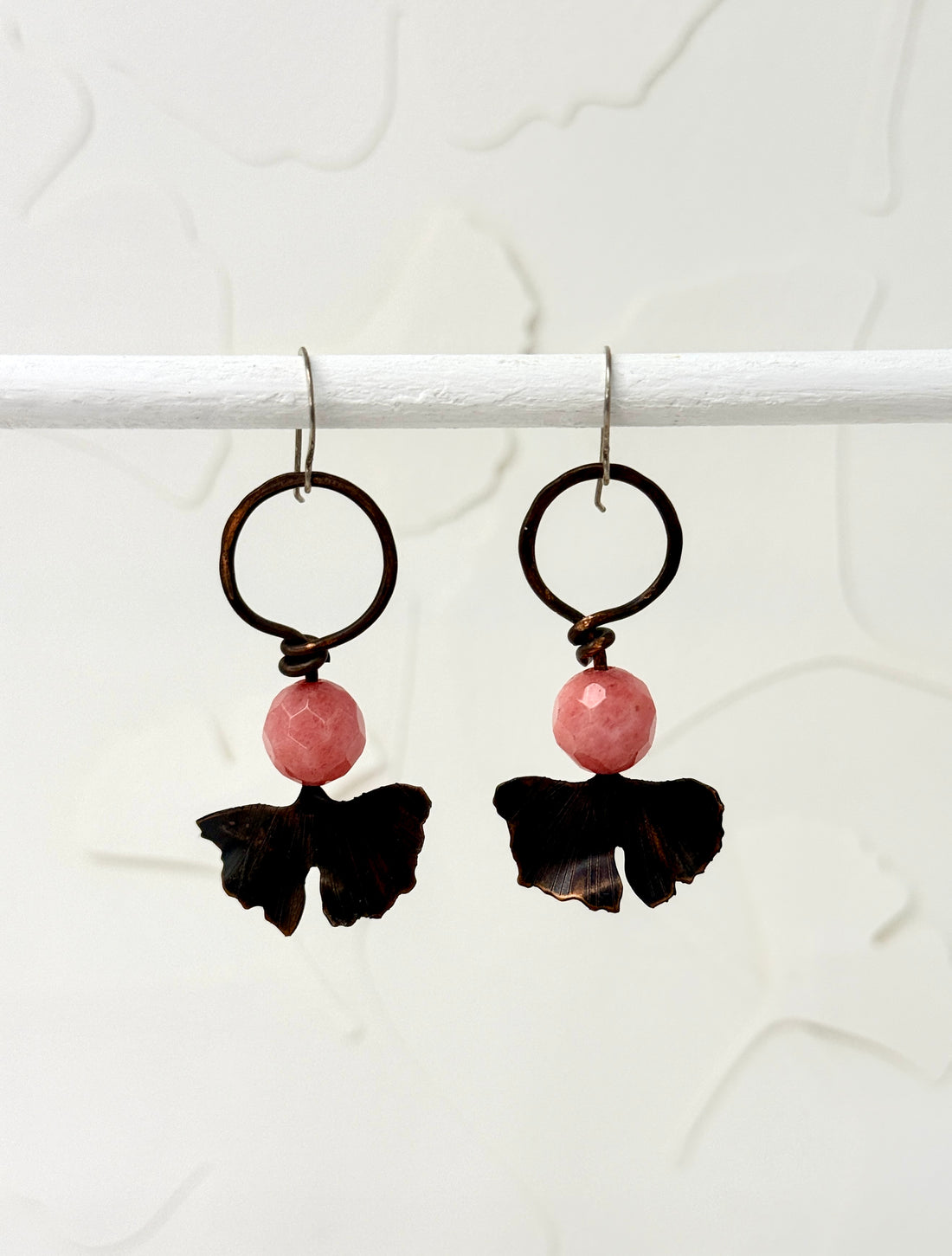 Resilience of the Ginkgo Hand Engraved Copper and Salmon Pink Bead Earrings