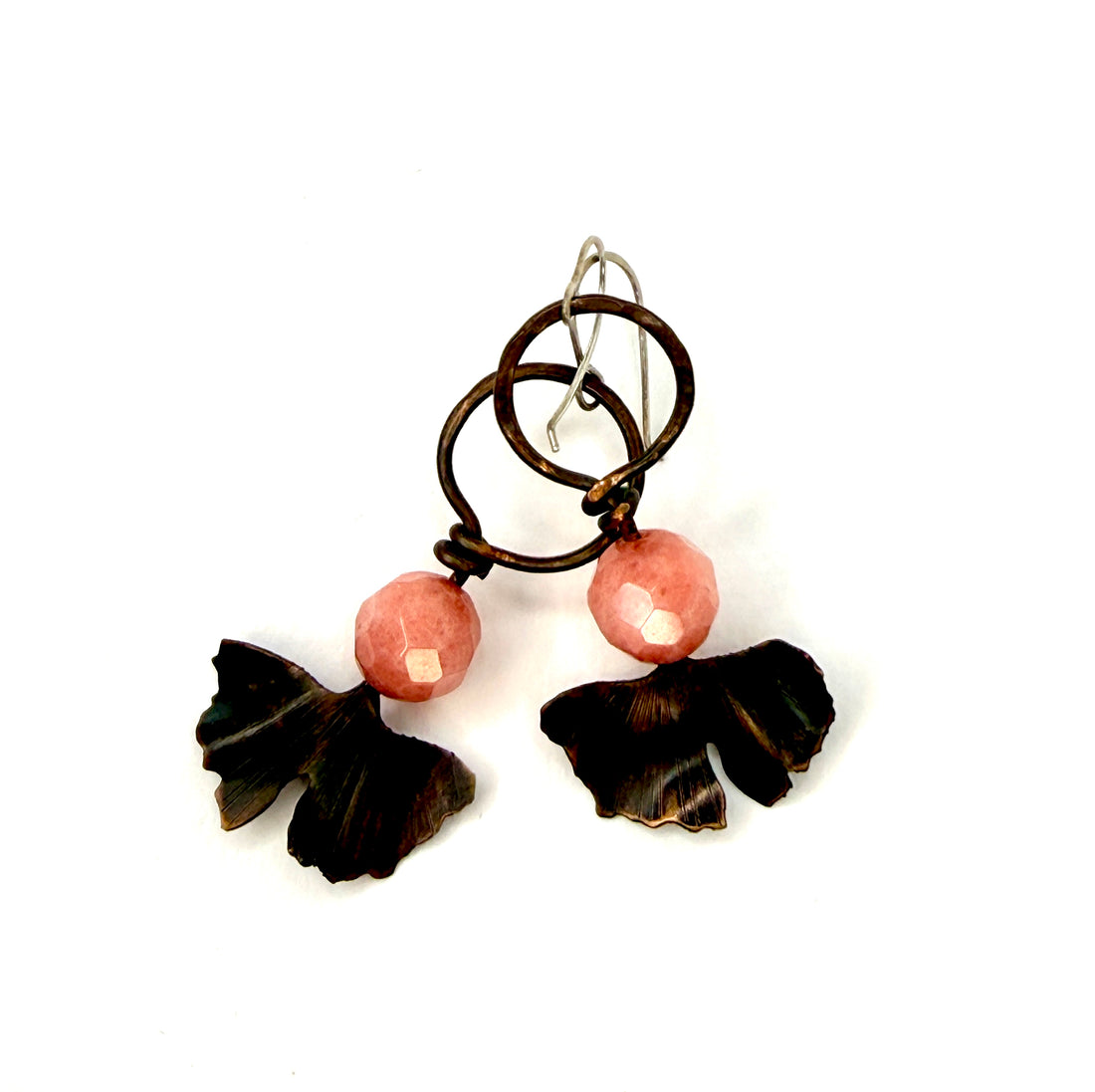 Resilience of the Ginkgo Hand Engraved Copper and Salmon Pink Bead Earrings