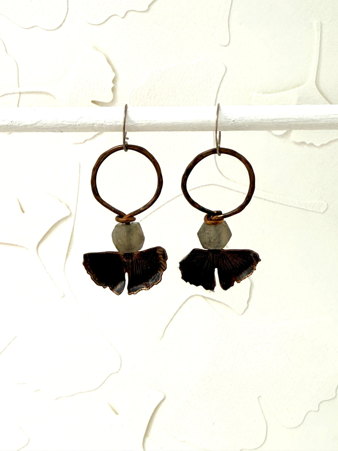 Resilience of the Ginkgo Hand Engraved Copper and Smoky Grey Glass Earrings
