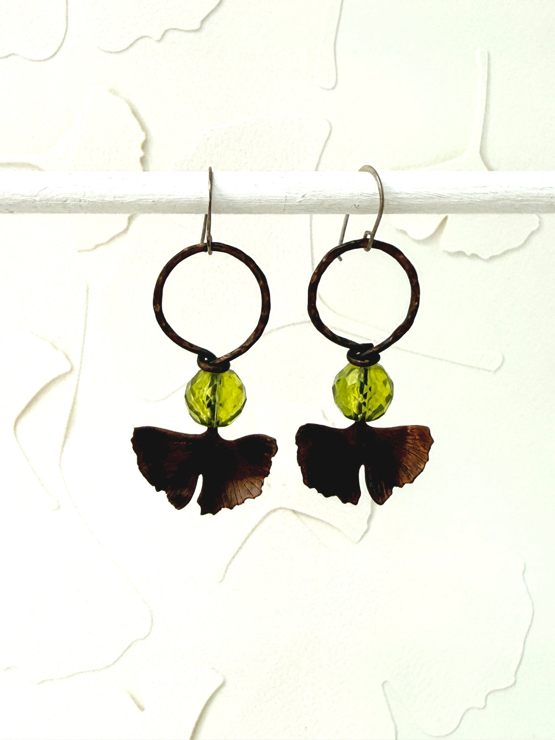 Resilience of the Ginkgo Hand Engraved Copper and Peridot Bead Earrings