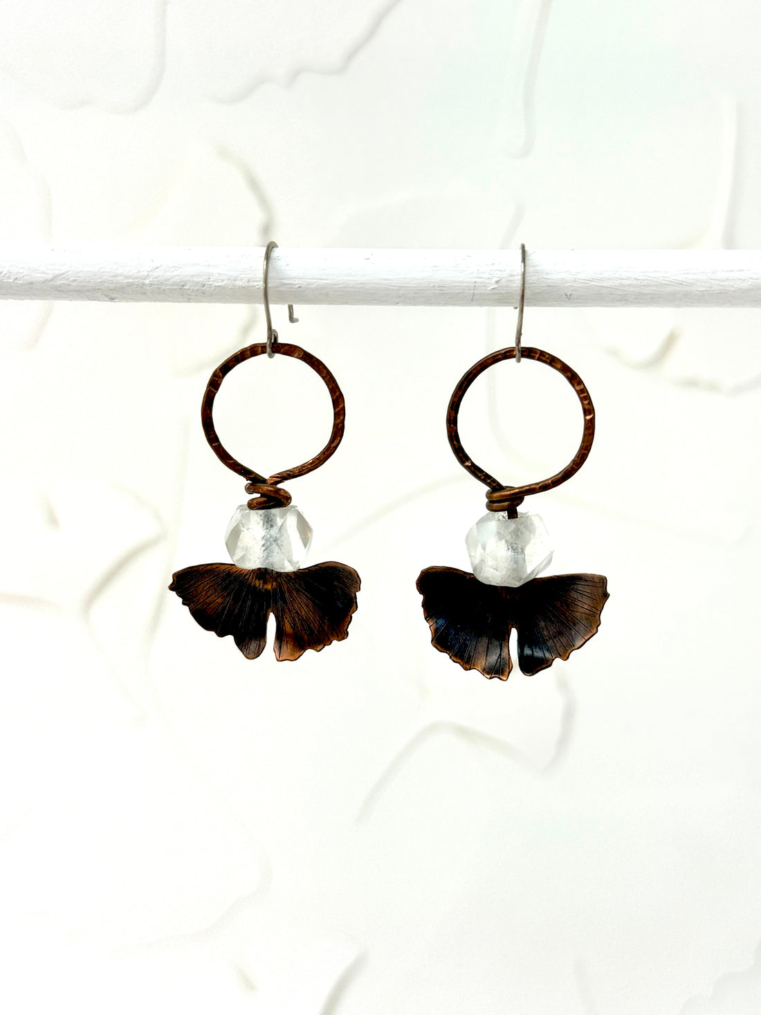 Resilience of the Ginkgo Hand Engraved Copper and White Frosted Glass Bead Earrings