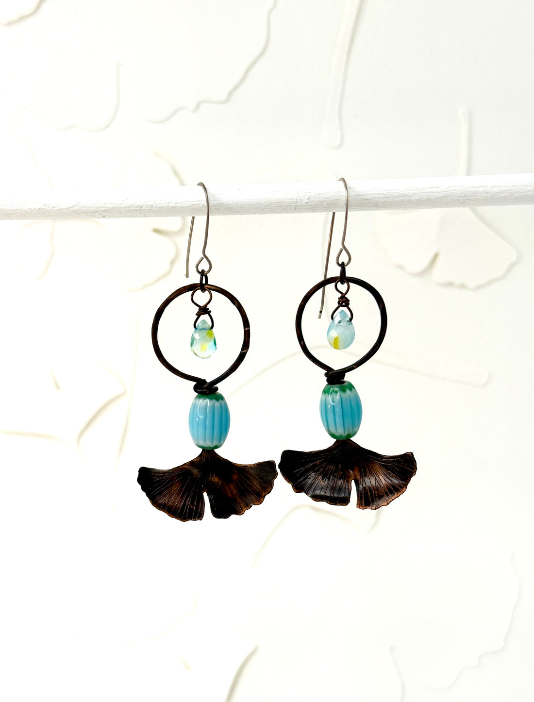 Resilience of the Ginkgo Hand Engraved Copper and Green-Aqua Bead Earrings