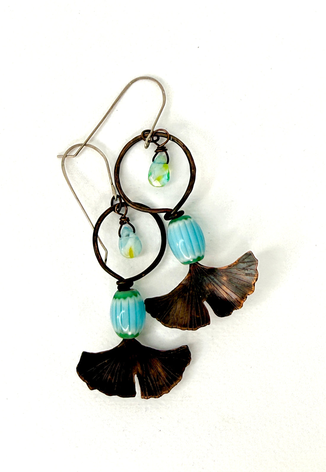 Resilience of the Ginkgo Hand Engraved Copper and Green-Aqua Bead Earrings