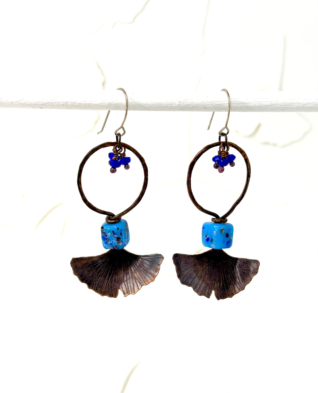 Resilience of the Ginkgo Hand Engraved Copper and Turquoise Glass Bead Earrings