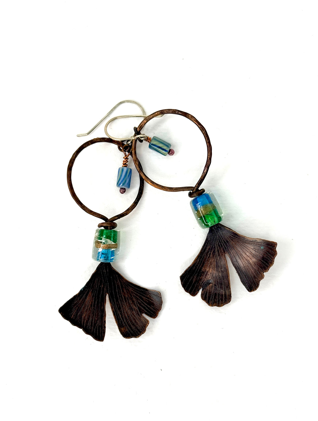 Resilience of the Ginkgo Hand Engraved Copper & Blue Green/Gold Glass Bead Earrings.
