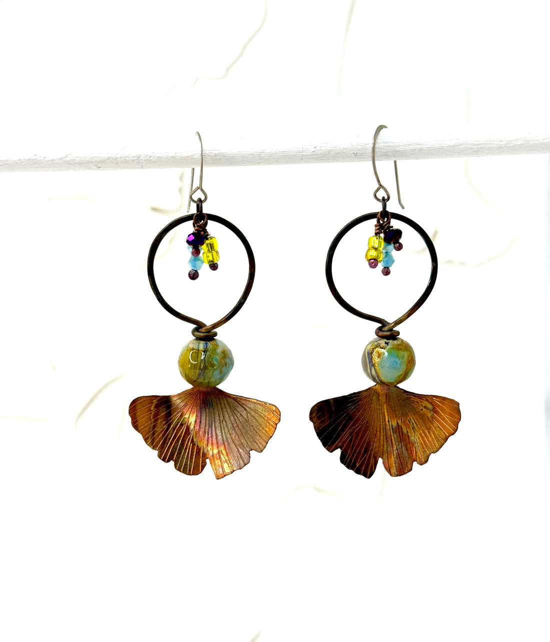 Resilience of the Ginkgo Engraved, Flame Patina Copper & Multicolor Bead Earrings