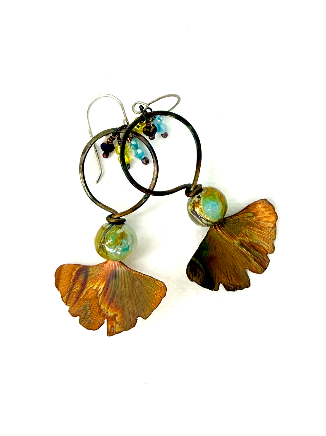 Resilience of the Ginkgo Engraved, Flame Patina Copper & Multicolor Bead Earrings