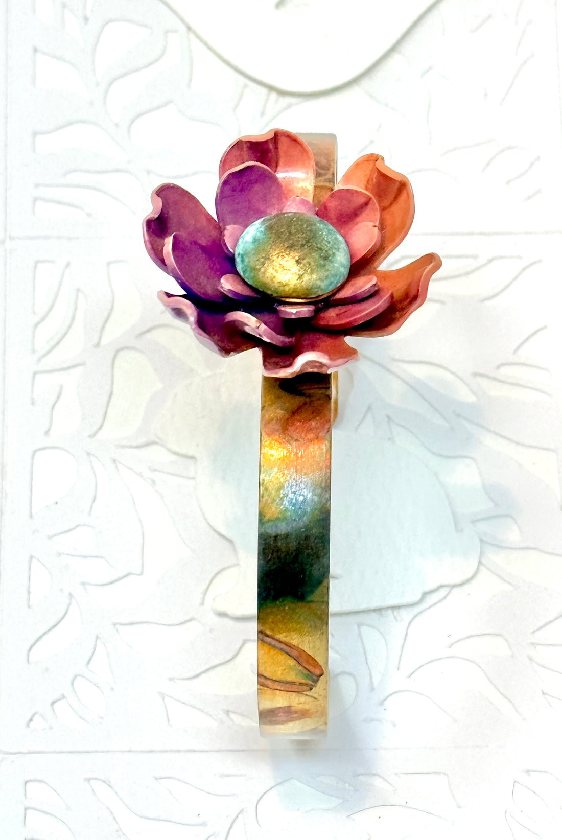 Tribute to Women of Craft Flame Patina Recycled Copper Cuff with Vintage Flower Button