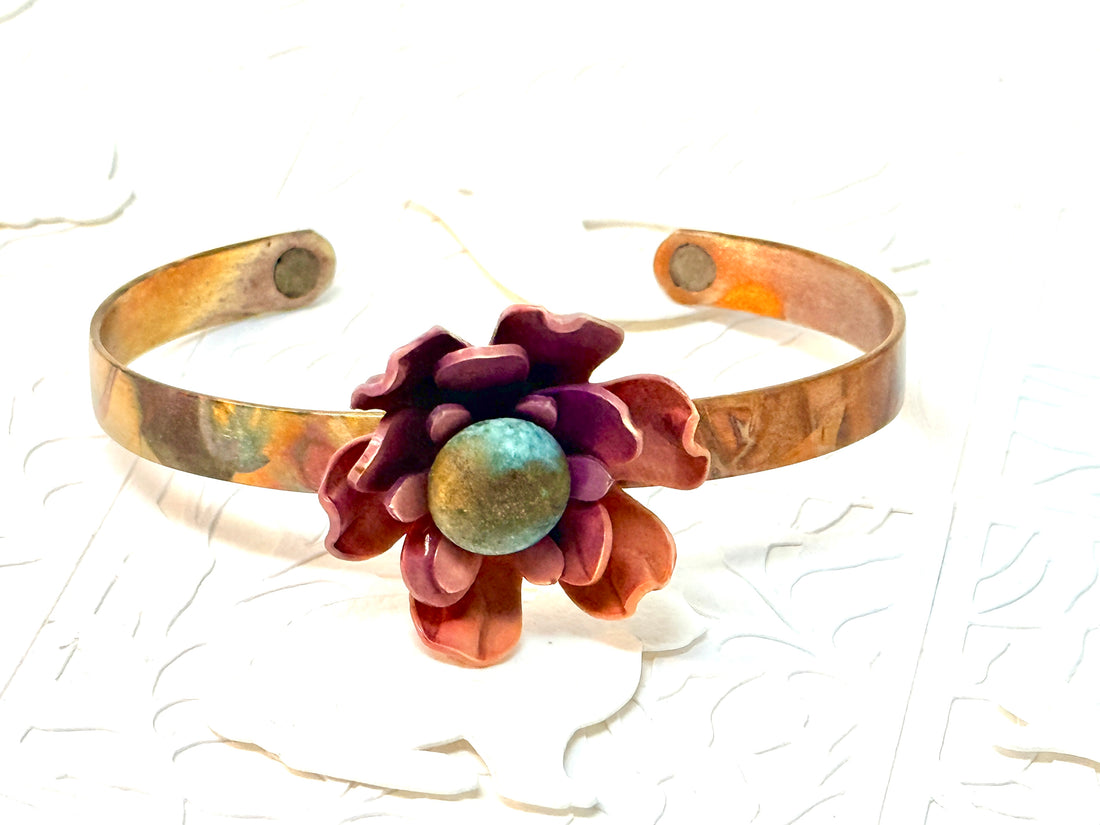 Tribute to Women of Craft Flame Patina Recycled Copper Cuff with Vintage Flower Button