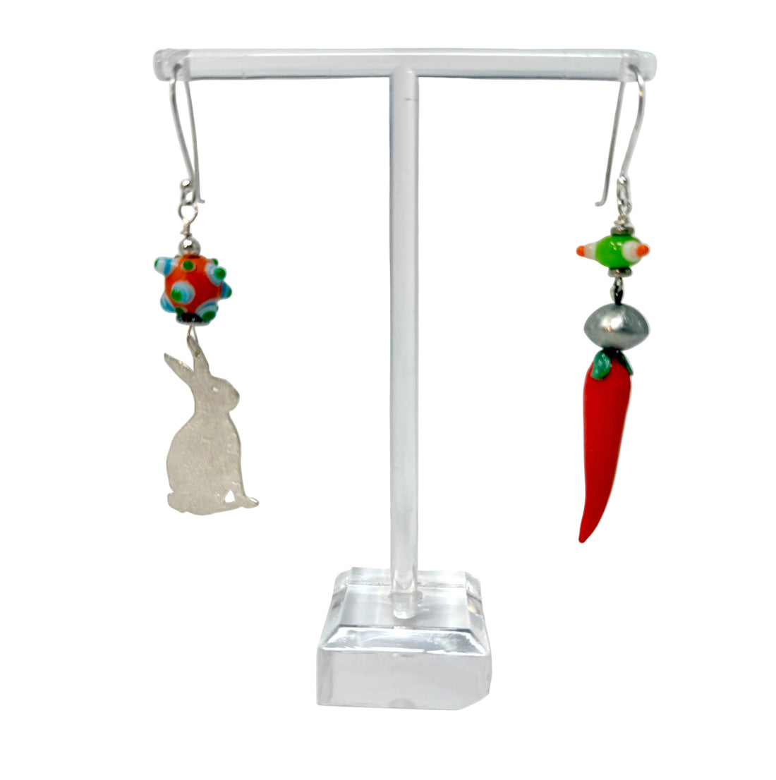 Tribute to Women of Craft Sterling Silver Rabbit, Lampwork Bead & Glass Carrot Earrings