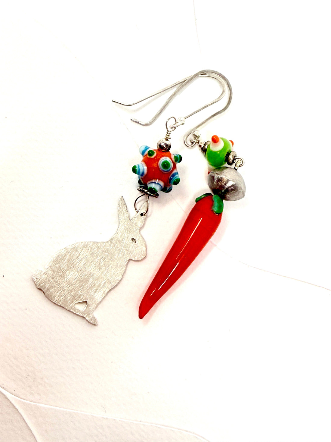 Tribute to Women of Craft Sterling Silver Rabbit, Lampwork Bead & Glass Carrot Earrings