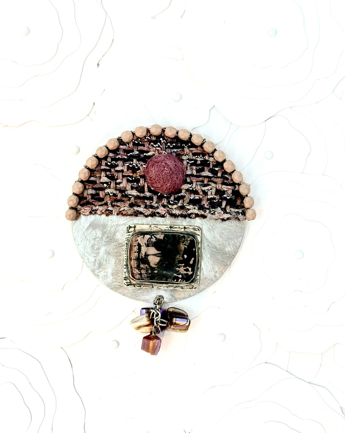 Tribute to Women of Craft Rhodonite, Steel, & Handwoven Fabric Brooch