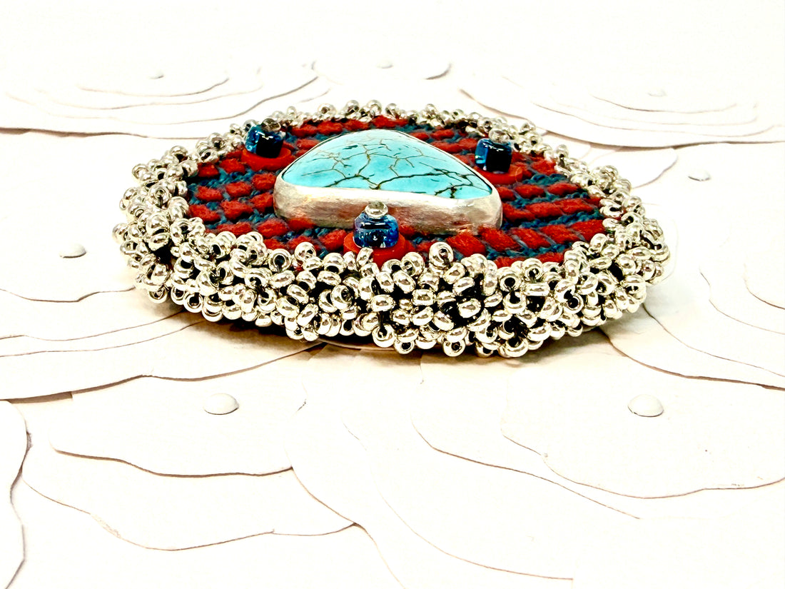 Tribute to Women of Craft Turquoise, Metallic Bead, & Handwoven Fabric Brooch