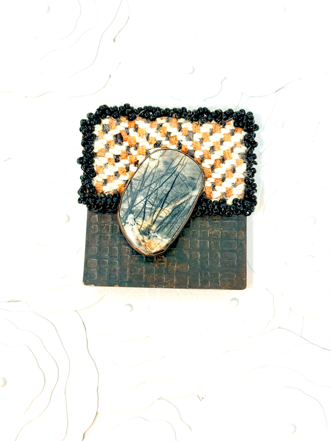 Tribute to Women of Craft Picasso Jasper, Copper, & Handwoven Fabric Brooch