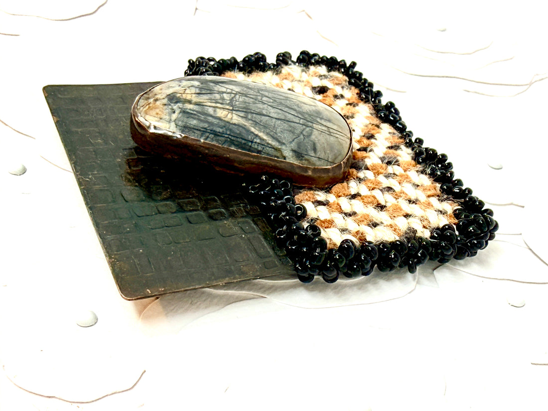Tribute to Women of Craft Picasso Jasper, Copper, & Handwoven Fabric Brooch