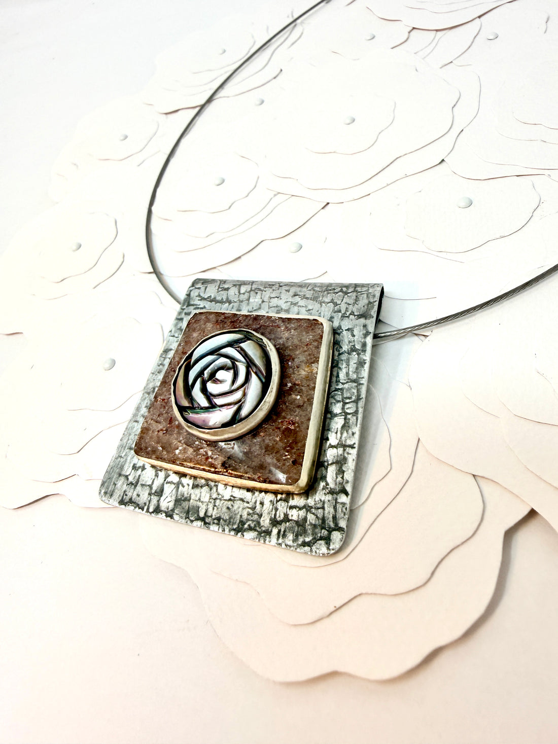 Tribute to Women of Craft Steel, Raspberry Aventurine & Vintage Rose Button Necklace