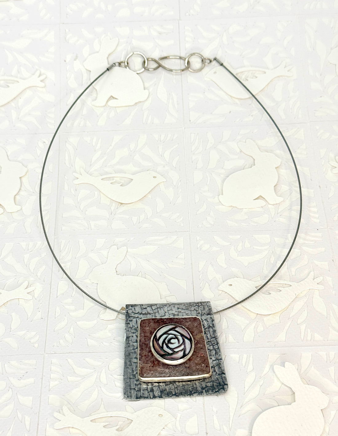 Tribute to Women of Craft Steel, Raspberry Aventurine & Vintage Rose Button Necklace